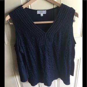 Navy Lace and Knit Cold Shoulder Top Bell Sleeve L